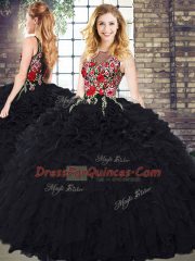 Inexpensive Black Ball Gowns Scoop Sleeveless Organza Zipper Embroidery and Ruffles Quinceanera Dresses