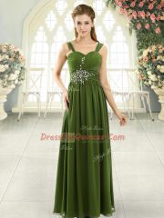 Deluxe Olive Green Chiffon Lace Up Prom Dresses Sleeveless Floor Length Beading and Ruching