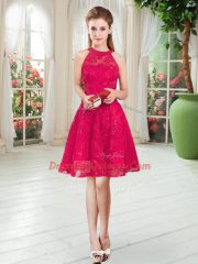 Scoop Sleeveless Knee Length Lace Red