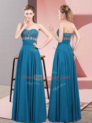 Customized Beading Prom Dress Blue Lace Up Sleeveless Floor Length