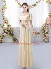 Trendy Floor Length Light Yellow Dama Dress for Quinceanera Scoop Short Sleeves Zipper