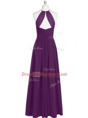 Best Selling Sleeveless Chiffon Floor Length Zipper Prom Evening Gown in Eggplant Purple with Ruching