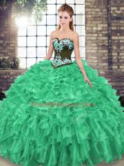 Designer Organza Sweetheart Sleeveless Sweep Train Lace Up Embroidery and Ruffles Quinceanera Dresses in Green