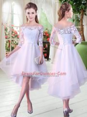 A-line Prom Dresses White Off The Shoulder Tulle Half Sleeves High Low Lace Up