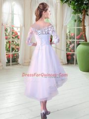 A-line Prom Dresses White Off The Shoulder Tulle Half Sleeves High Low Lace Up