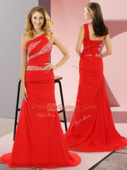 Designer Sweep Train Column/Sheath Evening Dress Red One Shoulder Chiffon Sleeveless Lace Up