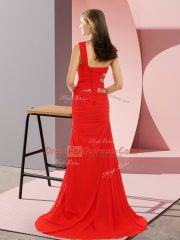 Designer Sweep Train Column/Sheath Evening Dress Red One Shoulder Chiffon Sleeveless Lace Up