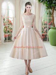 3 4 Length Sleeve Satin Tea Length Zipper Prom Evening Gown in Champagne with Lace