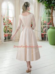 3 4 Length Sleeve Satin Tea Length Zipper Prom Evening Gown in Champagne with Lace