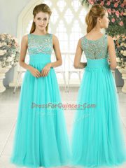 Colorful Aqua Blue Prom and Party and Military Ball with Beading Scoop Sleeveless Backless