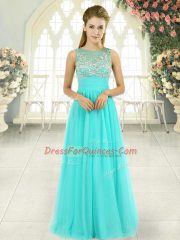 Colorful Aqua Blue Prom and Party and Military Ball with Beading Scoop Sleeveless Backless