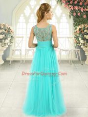 Colorful Aqua Blue Prom and Party and Military Ball with Beading Scoop Sleeveless Backless