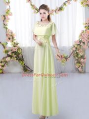 Yellow Green Empire Chiffon Scoop Short Sleeves Appliques Floor Length Zipper Dama Dress