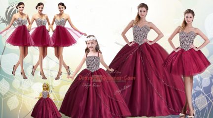 Modest Floor Length Red Quinceanera Gown Tulle Sleeveless Beading