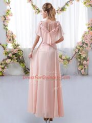 Amazing Rose Pink Chiffon Zipper Scoop Short Sleeves Floor Length Court Dresses for Sweet 16 Appliques
