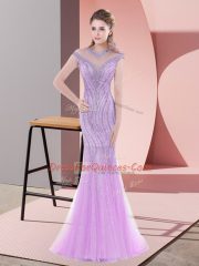 Custom Designed Lilac Prom Gown Prom and Party with Beading and Lace Scoop Cap Sleeves Sweep Train Zipper
