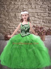 Hot Selling Floor Length Lace Up Little Girl Pageant Dress Green for Party and Wedding Party with Embroidery and Ruffles