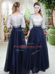3 4 Length Sleeve Floor Length Beading and Lace Zipper Prom Party Dress with Navy Blue