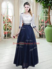 3 4 Length Sleeve Floor Length Beading and Lace Zipper Prom Party Dress with Navy Blue