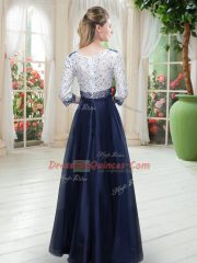 3 4 Length Sleeve Floor Length Beading and Lace Zipper Prom Party Dress with Navy Blue
