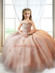Pretty Tulle Sweetheart Sleeveless Lace Up Beading and Appliques Little Girls Pageant Gowns in Pink