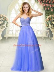 Cute Blue Zipper Prom Dresses Beading Sleeveless Floor Length