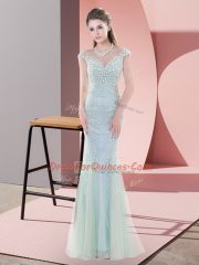 Lovely Floor Length Zipper Prom Dresses Blue for Prom and Party and Military Ball with Beading