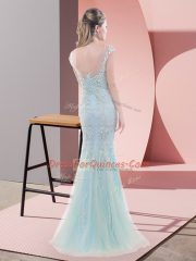 Lovely Floor Length Zipper Prom Dresses Blue for Prom and Party and Military Ball with Beading