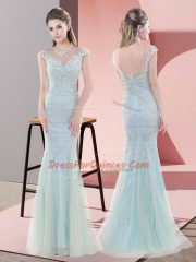 Lovely Floor Length Zipper Prom Dresses Blue for Prom and Party and Military Ball with Beading