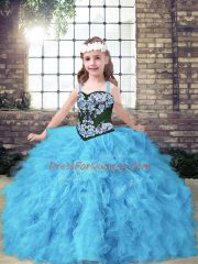 Admirable Floor Length Baby Blue Kids Formal Wear Tulle Sleeveless Embroidery and Ruffles