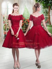 Wine Red Lace Up Off The Shoulder Appliques Prom Gown Tulle Short Sleeves