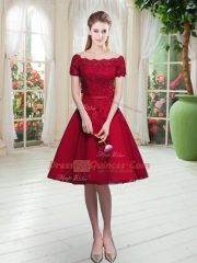 Wine Red Lace Up Off The Shoulder Appliques Prom Gown Tulle Short Sleeves