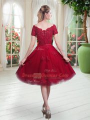 Wine Red Lace Up Off The Shoulder Appliques Prom Gown Tulle Short Sleeves
