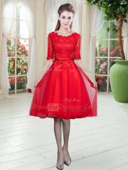 Excellent Knee Length Lace Up Dress for Prom Red for Prom and Party with Lace