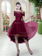 Colorful Burgundy Short Sleeves Tulle Lace Up Prom Dress for Prom and Party