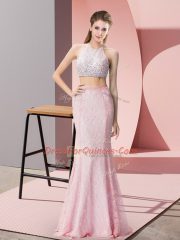 Sumptuous Pink Two Pieces Lace Halter Top Sleeveless Beading Floor Length Backless Prom Gown
