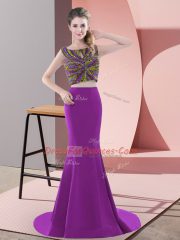 Sleeveless Sweep Train Beading Backless Prom Party Dress