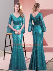 Super Teal V-neck Zipper Belt Party Dress for Toddlers Long Sleeves