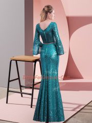 Super Teal V-neck Zipper Belt Party Dress for Toddlers Long Sleeves