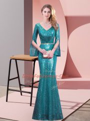 Super Teal V-neck Zipper Belt Party Dress for Toddlers Long Sleeves