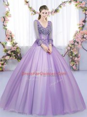 Pretty Lace and Appliques 15th Birthday Dress Lavender Zipper Long Sleeves Floor Length