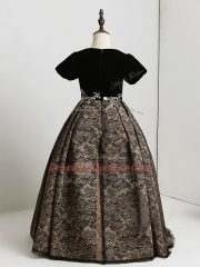Lace Scoop Short Sleeves Zipper Appliques Kids Formal Wear in Black