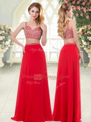 Cute Red Two Pieces Beading Homecoming Dress Zipper Chiffon Sleeveless Floor Length