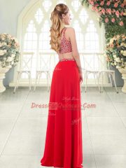 Cute Red Two Pieces Beading Homecoming Dress Zipper Chiffon Sleeveless Floor Length