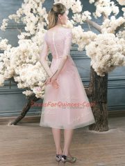 Pretty Tea Length Zipper Dress for Prom Pink for Prom and Party with Lace