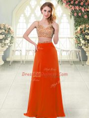 Rust Red Sleeveless Floor Length Beading Zipper Homecoming Dress