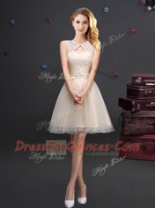 Glamorous Champagne Scoop Neckline Lace and Appliques and Belt Quinceanera Dama Dress Sleeveless Lace Up