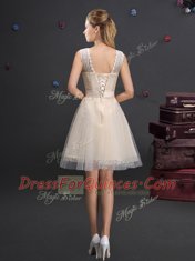 Glamorous Champagne Scoop Neckline Lace and Appliques and Belt Quinceanera Dama Dress Sleeveless Lace Up