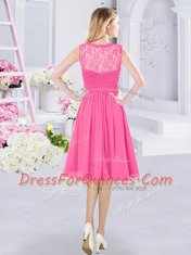 Luxury Sleeveless Knee Length Lace and Ruching Side Zipper Court Dresses for Sweet 16 with Hot Pink