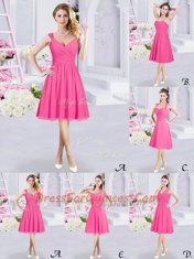 Luxury Sleeveless Knee Length Lace and Ruching Side Zipper Court Dresses for Sweet 16 with Hot Pink